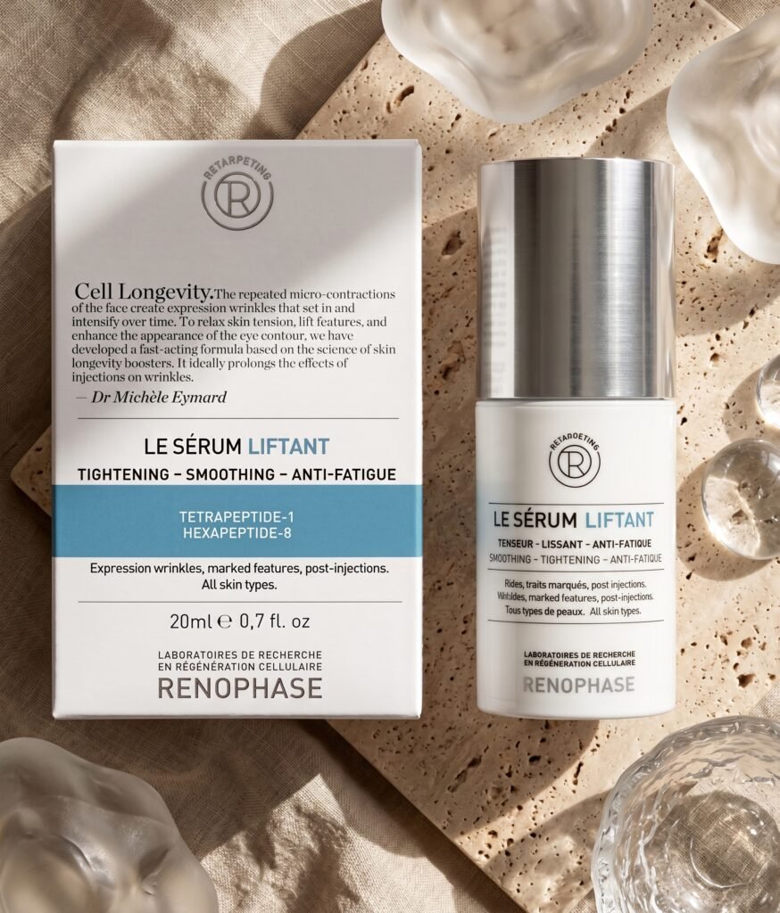 The first image you uploaded (**Retargeting-Sérum-Liftant.png**) displays the product and its outer packaging on a plain white studio background. An accurate, descriptive alt text for that image would be: > **"Renophase Le Sérum Liftant bottle standing upright next to its white and blue outer packaging box on a plain white background, featuring French and English product text and a brushed silver metallic cap."**